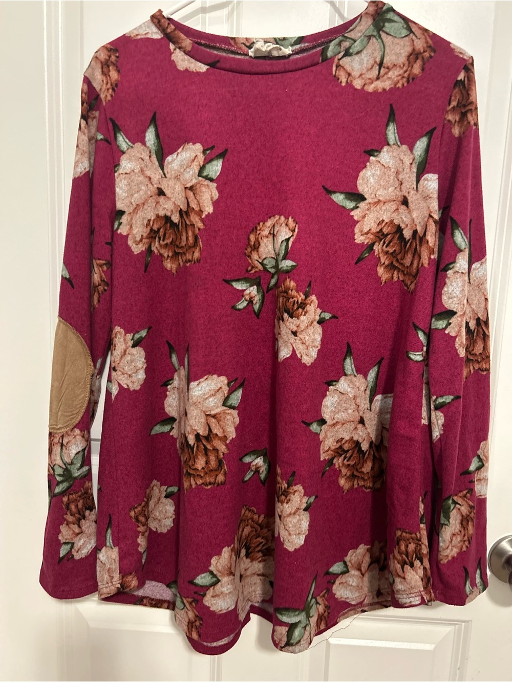 Floral Elbow-Patch Long-Sleeve Top - Raspberry Pink